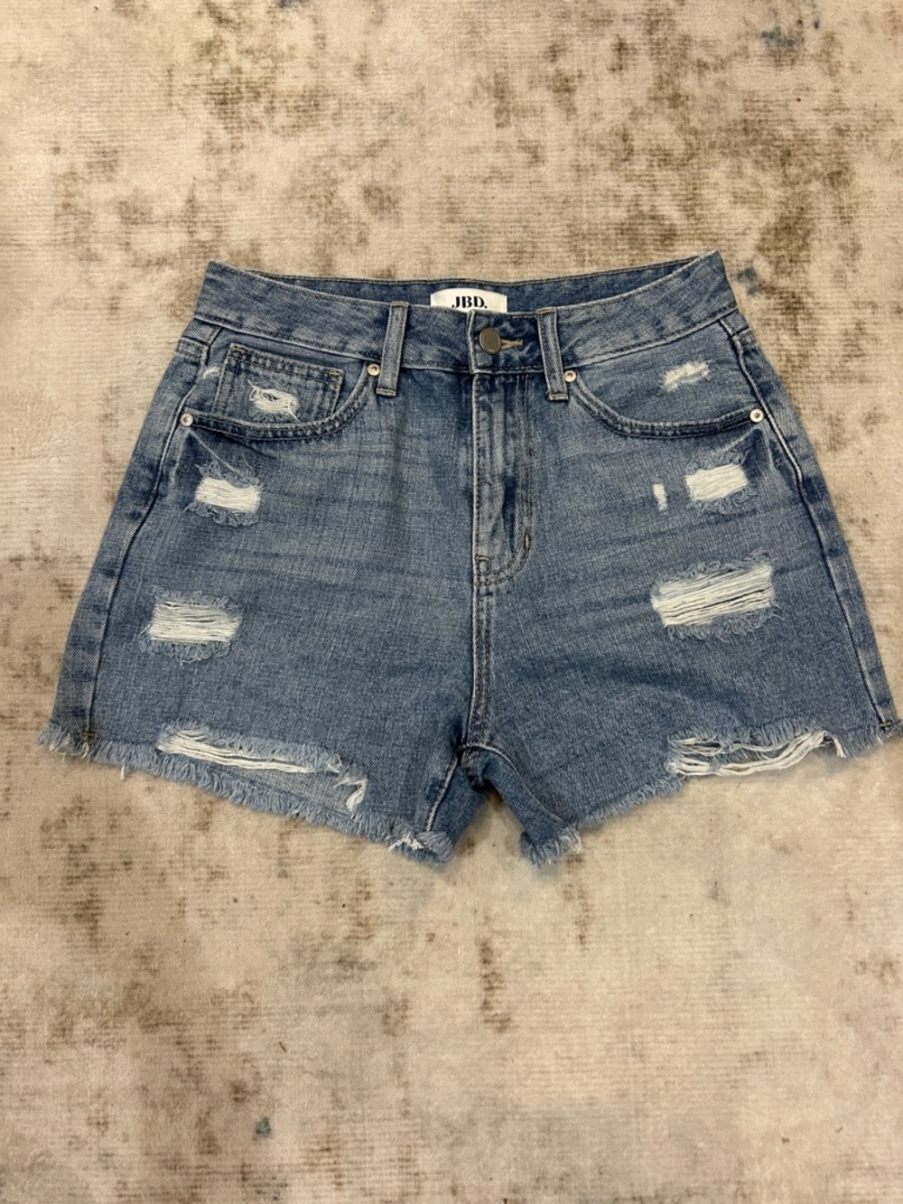 Distressed High-Rise Denim Shorts in Blue